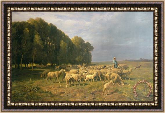 Charles Emile Jacque Flock of Sheep in a Landscape Framed Print