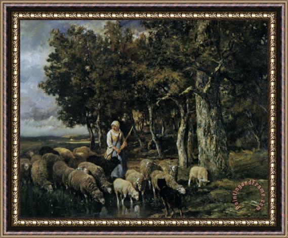 Charles Emile Jacque Shepherdess Watering Flock Framed Print