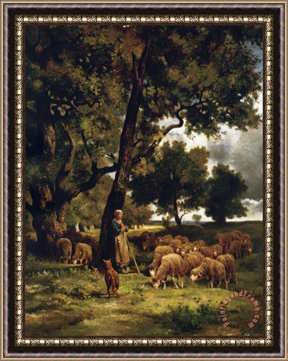 Charles Emile Jacque The Shepherdess And Her Flock Framed Print