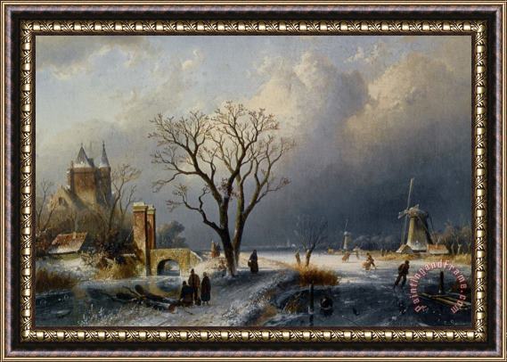 Charles Henri Joseph Leickert A Winter Landscape with Figures Near a Castle Framed Painting