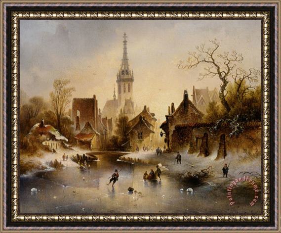 Charles van den Eycken A Winter Landscape with Skaters Near a Village Framed Painting