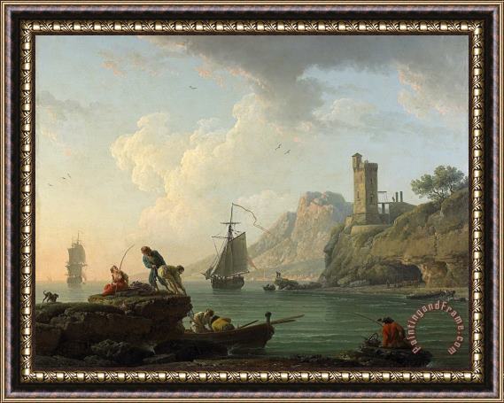 Claude Joseph Vernet Marine Landscape with Tower And Fishermen Hauling in Their Nets, 1775 Framed Painting