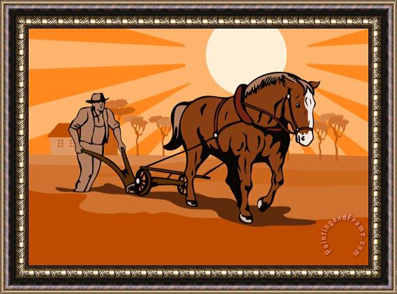 Collection 10 Farmer and Horse Plowing Farm Retro Framed Print