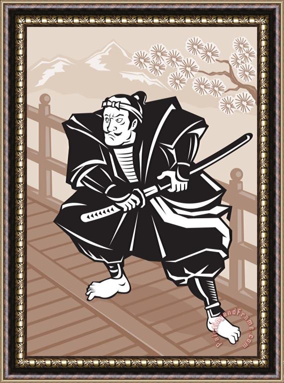 Collection 10 Japanese Samurai warrior sword on bridge Framed Painting