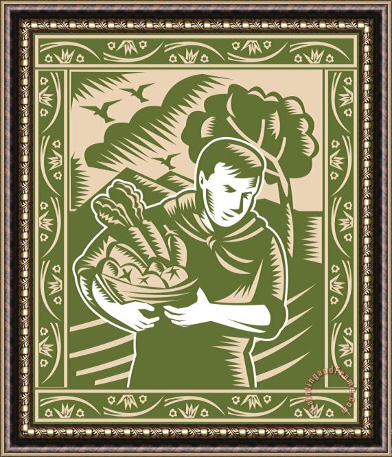 Collection 10 Organic Farmer With Basket Harvest Crops Retro Framed Print