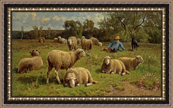 Cornelis Van Leemputten A Shepherd And His Dog Guarding a Flock of Sheep Framed Painting