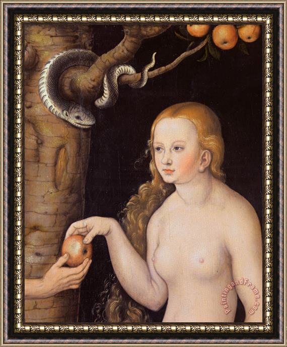 Cranach Eve offering the apple to Adam in the Garden of Eden and the serpent Framed Painting