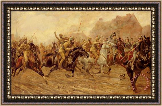 Derville Rowlandson The charge of the Bengal Lancers at Neuve Chapelle Framed Painting
