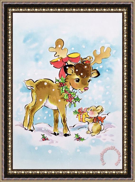 Diane Matthes Christmas Reindeer And Rabbit Framed Painting