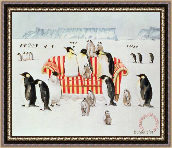 EB Watts Penguins On A Red And White Sofa Framed Print