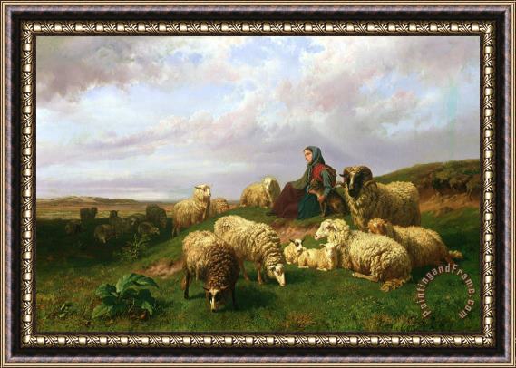 Edmond Jean-Baptiste Tschaggeny Shepherdess resting with her flock Framed Painting