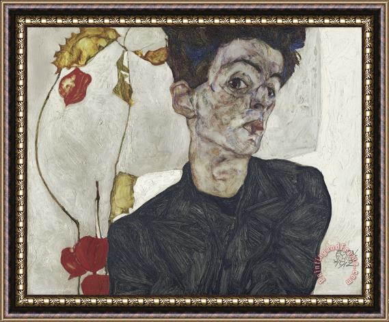 Egon Schiele Self Portrait with Chinese Lantern Plant Framed Painting