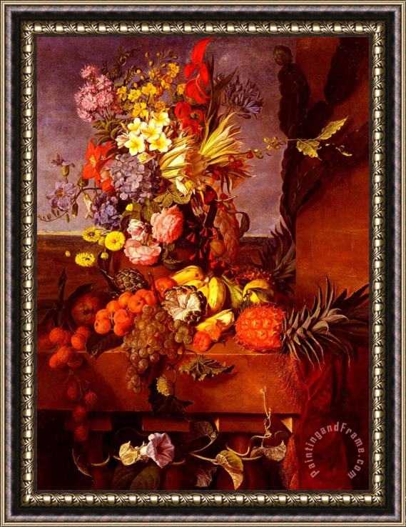 Emilie Bourbon Vase De Fleurs Et Fruits Exotique - Bourbon - 1854 Framed Painting