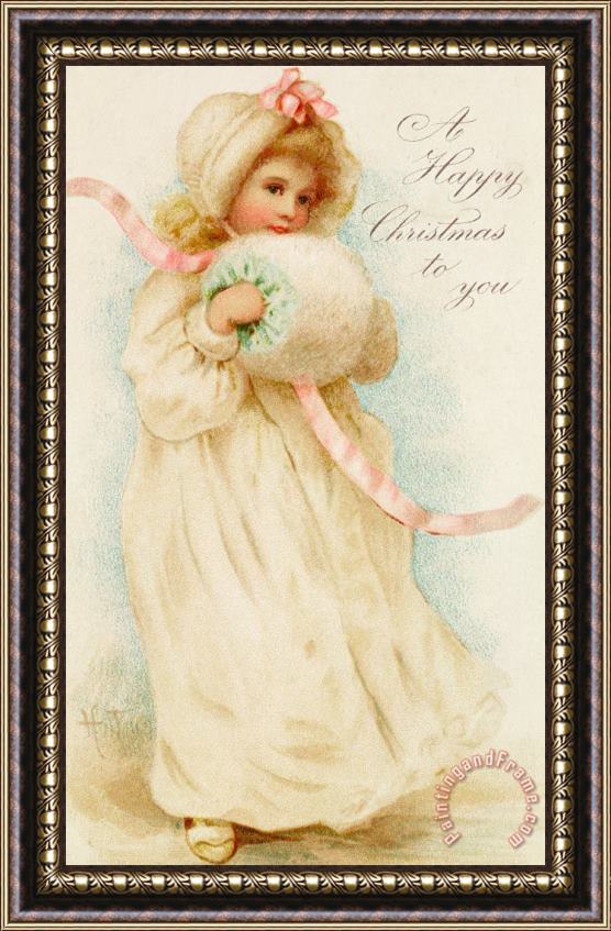 English School Christmas card depicting a girl with a muff Framed Print