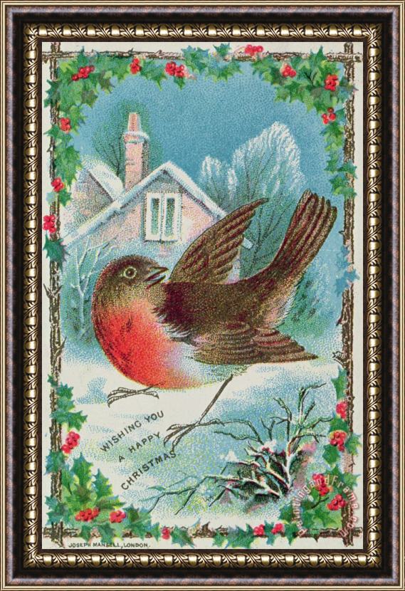 English School Christmas card depicting a robin Framed Painting