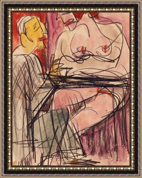 Ernst Ludwig Kirchner Female Nude And Man Sitting At A Table Framed Print