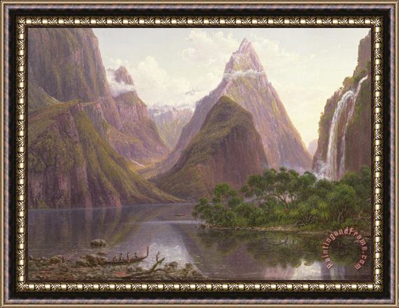 Eugen von Guerard Native figures in a canoe at Milford Sound Framed Painting