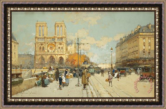 Eugene Galien-Laloue Figures On A Sunny Parisian Street Notre Dame At Left Framed Print