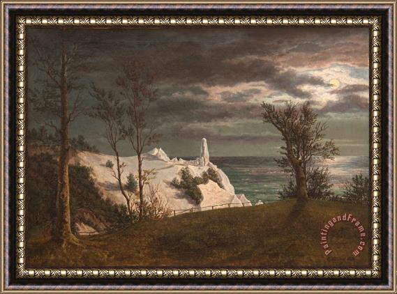 F. Sodring The Summer Spire on The Chalk Cliffs of The Island Mon. Moonlight Framed Painting