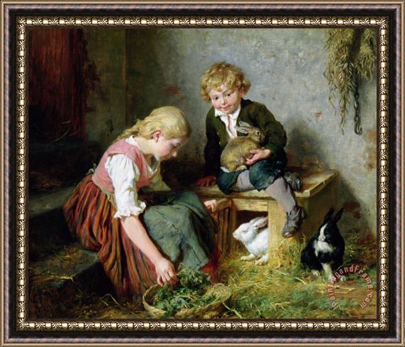 Felix Schlesinger Feeding the Rabbits Framed Painting