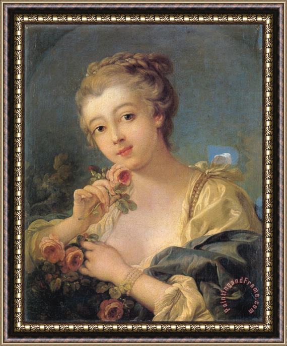 Francois Boucher Young Woman with a Bouquet of Roses Framed Print