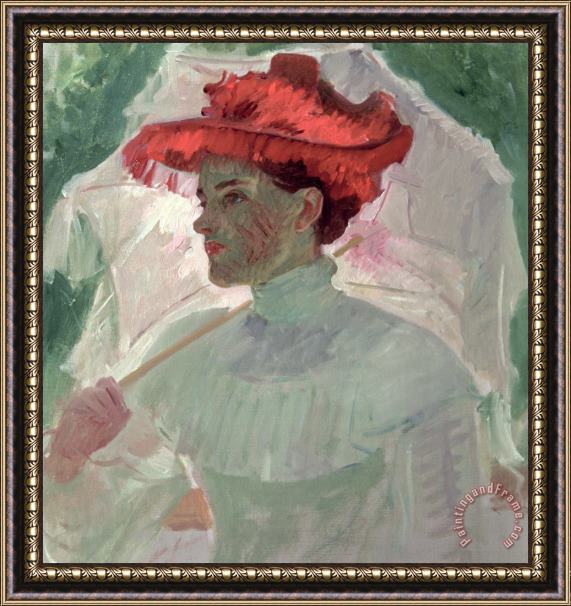 Frank Duveneck Woman with Red Hat and Parasol Framed Painting