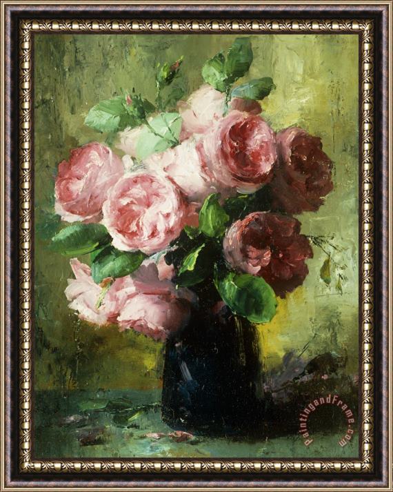 Frans Mortelmans Pink Roses In A Vase Framed Painting