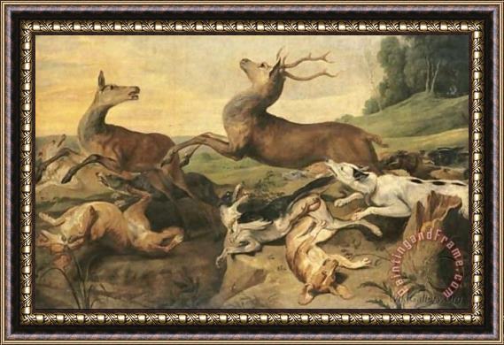 Frans Snyders Dogs hunting deer in a landscape Framed Painting