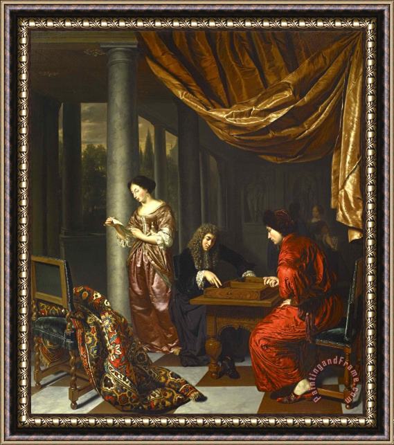 Frans Van Mieris The Elder Interior with Figures Playing Tric Trac Framed Painting