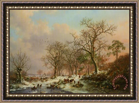 Frederik Marianus Kruseman Wood Gatherers in a Winter Landscape with a Castle Beyond Framed Print