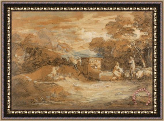 Gainsborough, Thomas Mountain Landscape with Figures, Sheep And Fountain Framed Print