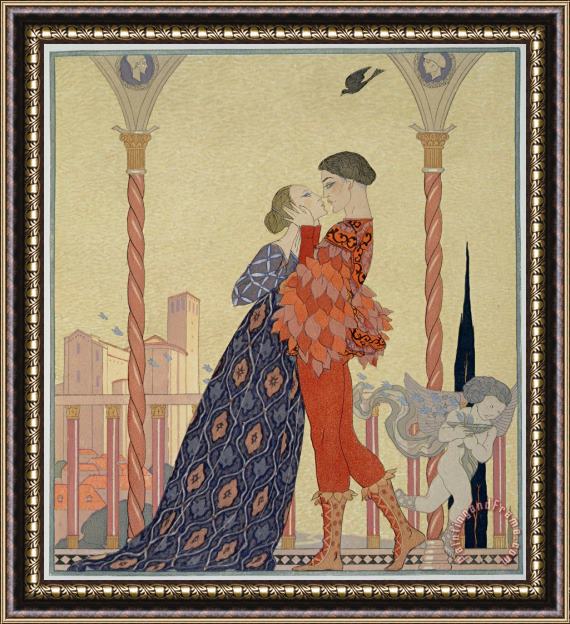 Georges Barbier Lovers On A Balcony Framed Painting