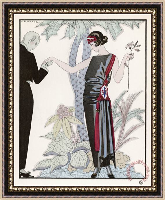 Georges Barbier Sleeveless Slash Neck Chinese Or Orientally Inspired Black Dress by Worth with Red Tassel Detail Framed Painting