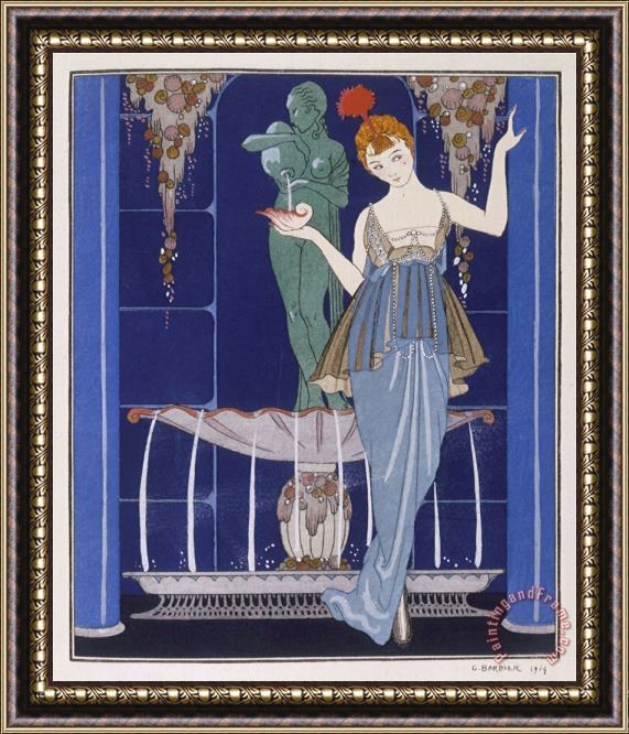 Georges Barbier Tunic Dress by Paquin Draped Tango Skirt with Front Split And Train Framed Print