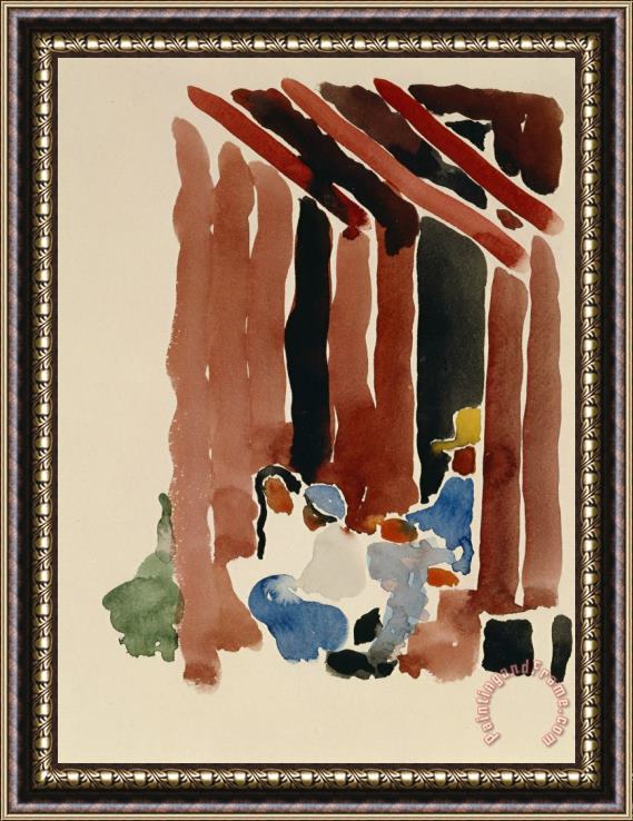 Georgia O'keeffe Figures Under Rooftop, 1918 Framed Painting