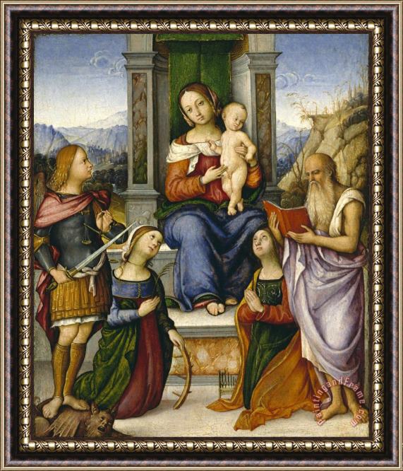 Girolamo Marchesi The Virgin And Child Enthroned with Saints Michael, Catherine of Alexandria, Cecilia, And Jerome Framed Print