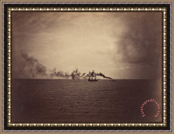 Gustave Le Gray Seascape with Sailing Ship And Tugboat Framed Painting
