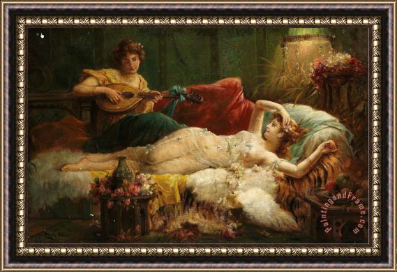 Hans Zatzka Interior with a Lightly Dressed Woman And a Lute Player Framed Painting