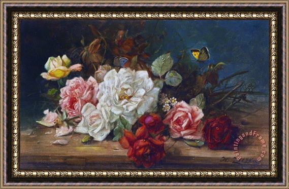 Hans Zatzka Still Life with Flowers And Butterfly Framed Painting