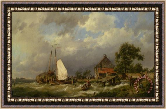 Hermanus Koekkoek Snr Boats Docking in an Estuary Framed Painting