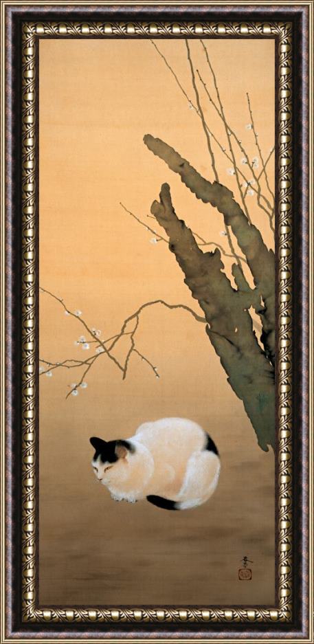 Hishida Shunso Cat And Plum Blossoms Framed Painting