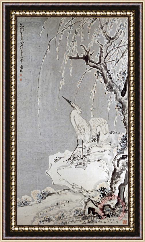 Huang Shen White Egrets on a Bank of Snow Covered Willows Framed Painting