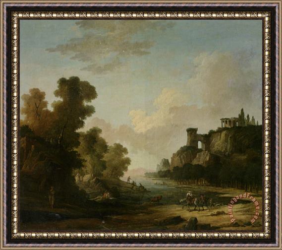 Hubert Robert Figures on The Banks of a Lake with Classical Ruins Framed Print