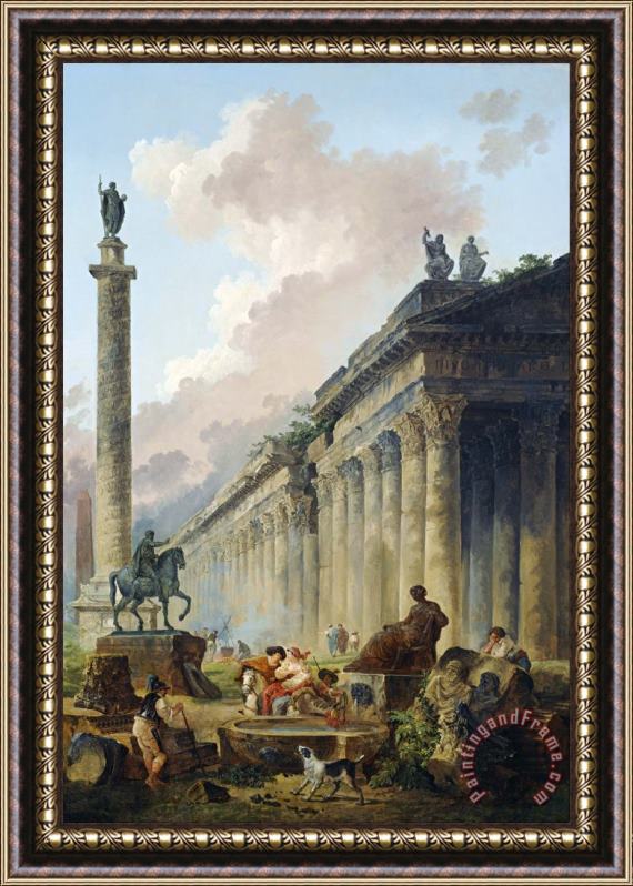 Hubert Robert Imaginary View of Rome with Equestrian Statue of Marcus Aurelius, The Column of Trajan And a Temple Framed Painting