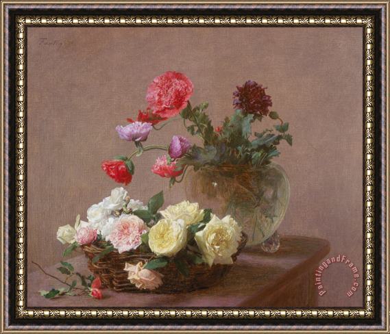 Ignace Henri Jean Fantin-Latour Poppies in a Crystal Vase - or Basket of Roses Framed Painting