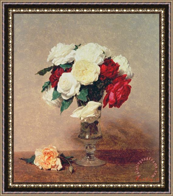 Ignace Henri Jean Fantin-Latour Roses In A Vase With Stem Framed Painting