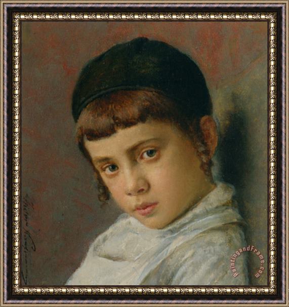 Isidor Kaufmann Portrait of a Young Boy with Peyot Framed Painting