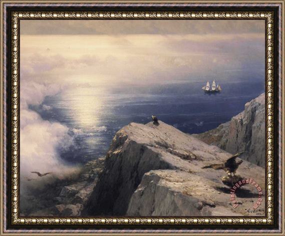 Ivan Constantinovich Aivazovsky A Rocky Coastal Landscape in The Aegean with Ships in The Distance Detail Framed Painting