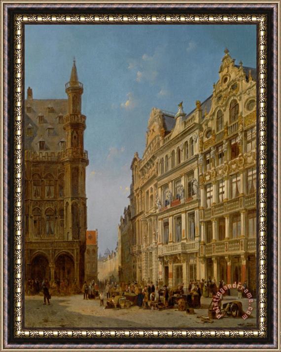 Jacques Carabain Many Figures at an Auction on The Grande Place in Brussels Framed Print