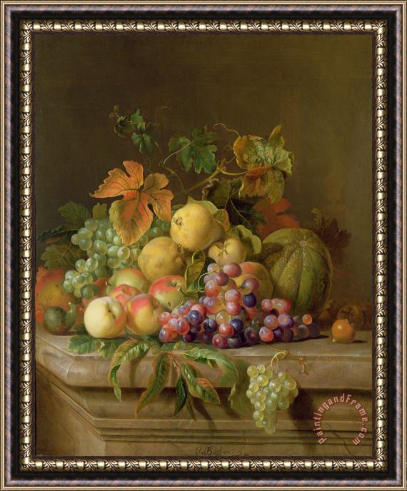 Jakob Bogdani A Still Life of Melons Grapes and Peaches on a Ledge Framed Painting